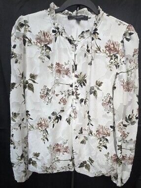 Marc Jacobs New York Floral Blouse White Pink Long Sleeve Ruffle Neck Large